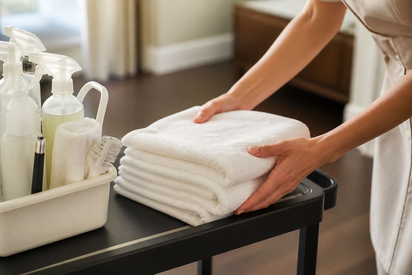 Cleaning supplies prepared on a cart