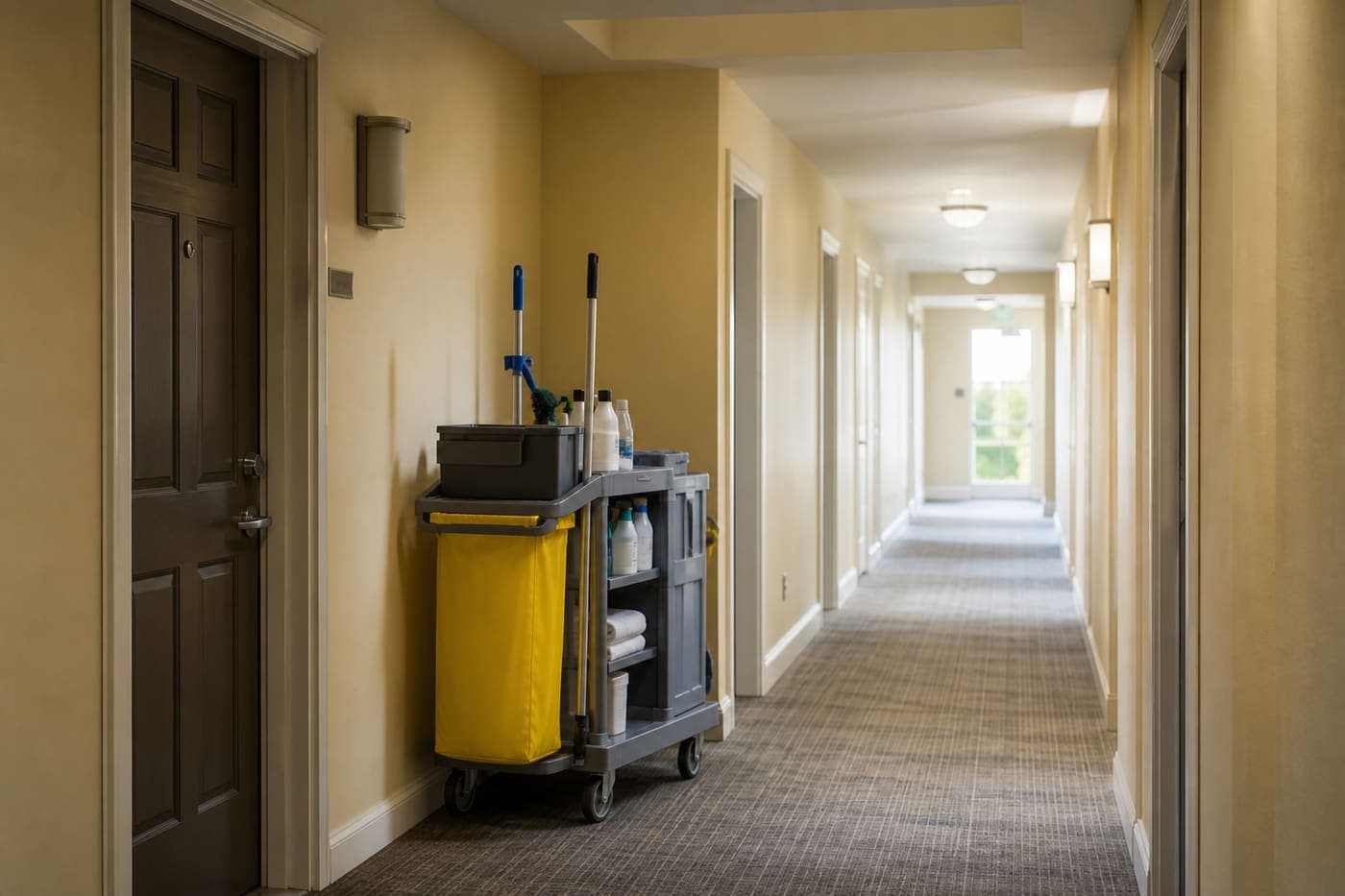 Quiet multi-unit corridor with cleaning cart
