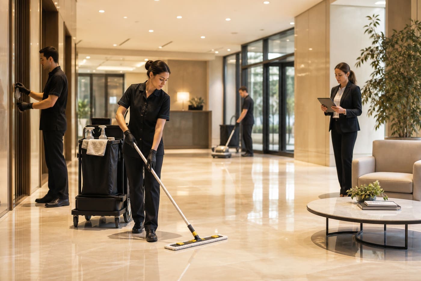 Cleaning crew in a commercial lobby