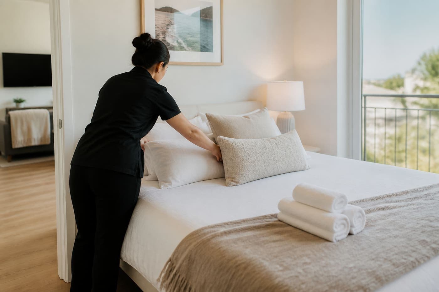 Turnover clean in a short-term rental bedroom
