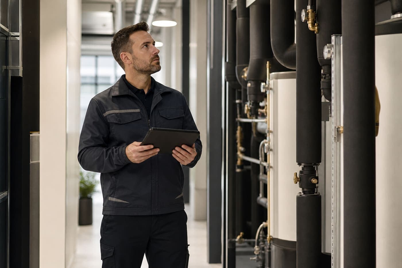 Facilities technician inspecting a building corridor